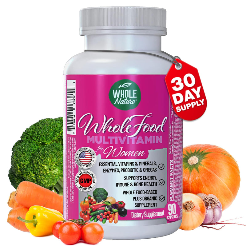 Whole Food Multivitamin for Women Womens Multi Vitamin with Folate, B12 Methyl, Vitamins, Minerals, Probiotics and Omegas, Vegan, Non GMO- 90 Capsules (1) (1) 1
