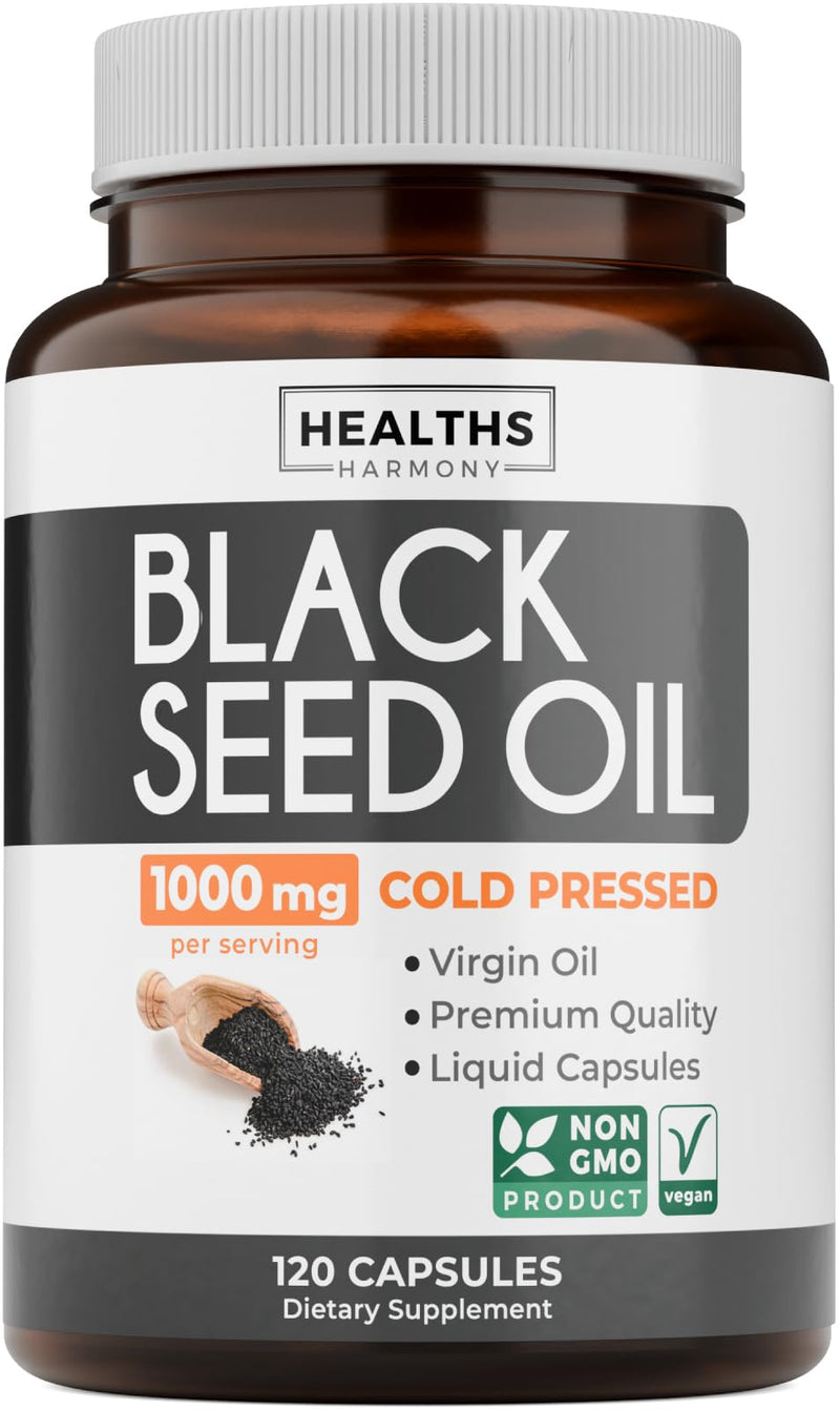 Black Seed Oil - 120 Softgel Capsules Skin Health (Non-GMO & Vegan) Cold-Pressed Nigella Sativa Producing Pure Black Cumin Seed Oil with Vitamin E - 500mg Each, 1000mg Per 2 Capsule Serving 120 Count (Pack of 1)