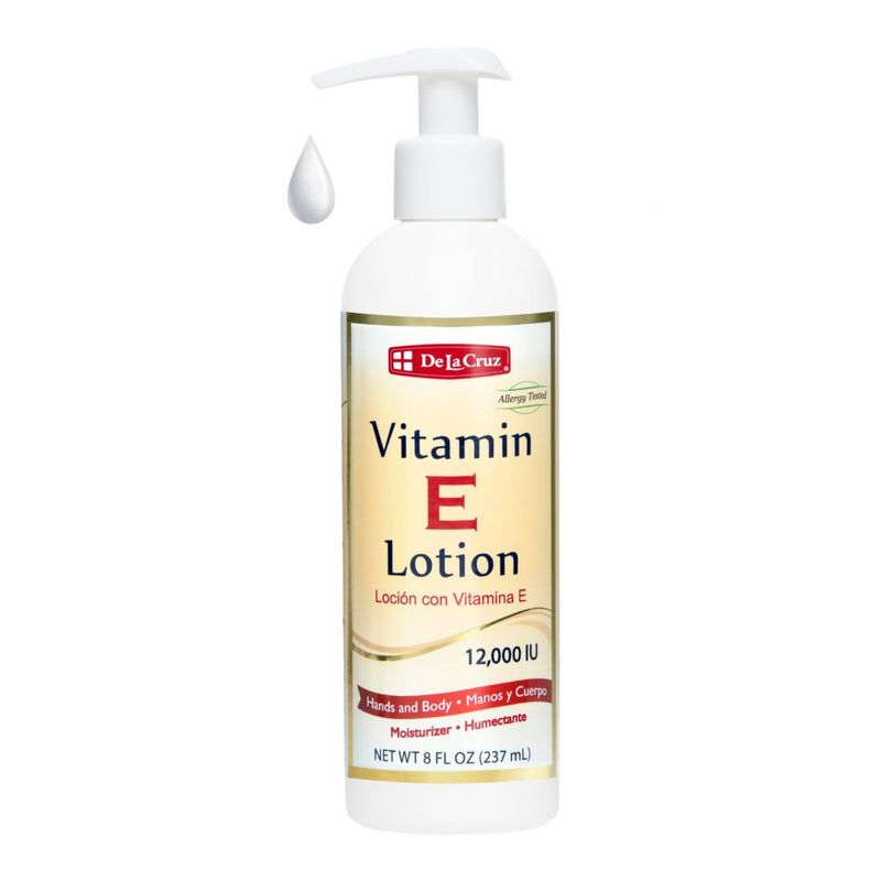 De La Cruz Vitamin E Lotion with 12,000 IU for Dry Skin, 8 fl. oz. (236 mL) | Vitamin E 12000 IU, Dry & Rough Skin, Hands & Body Lotion, Aloe Vera, Avocado & Almond Oils, Allergy Tested, With Pump
