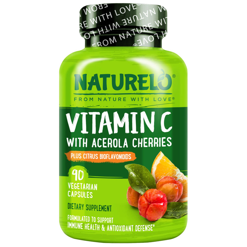 NATURELO Vitamin C 500 mg, Immune Support, Vegan, 90 Capsules | Organic acerola cherry extract, citrus bioflavonoids, Non-GMO, 500 mg VIT C per Cap 90 Count (Pack of 1)