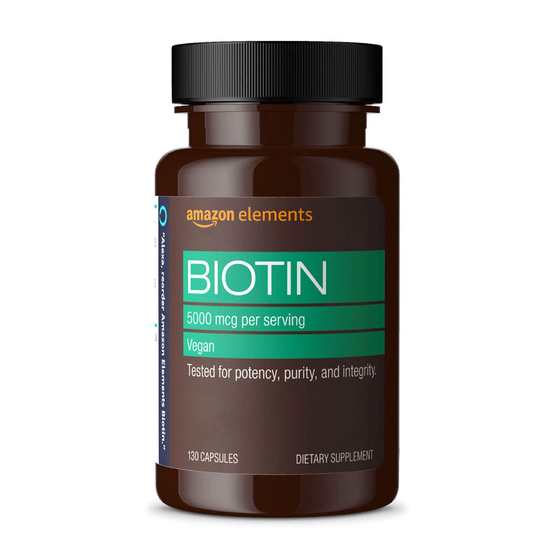 Amazon Elements Vegan Biotin 5000 mcg for Hair, Skin, and Nails, 130 Capsules, 4 Month Supply (Packaging may vary) 130 Count (Pack of 1)