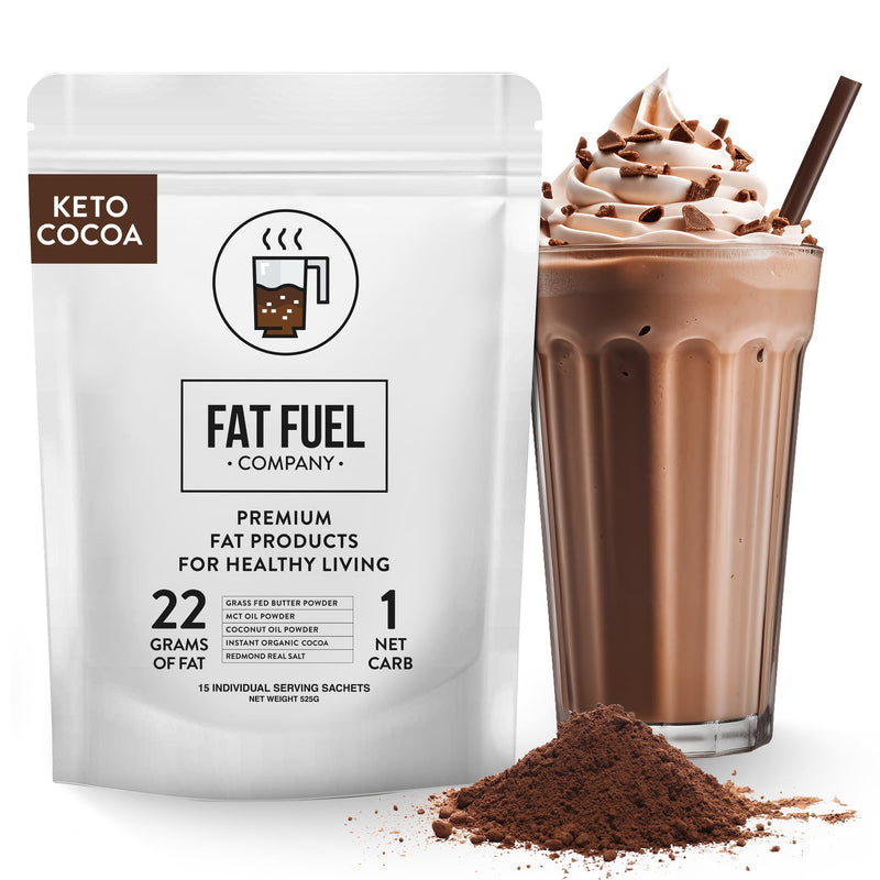 [Australia] - Fat Fuel Keto Cocoa 22g Premium Fats - with Grass Fed Butter, MCT Oil, Coconut & Redmond Real Salt - Instant Organic Cocoa, One Net Carb, A True Meal Replacement - 15 Servings 