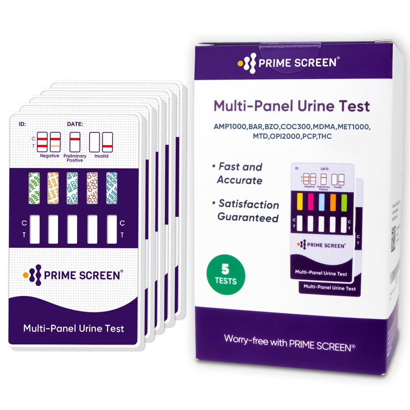 Prime Screen [5 Pack] 10 Panel Urine Drug Test Kit - Testing Instantly for THC (Marijuana), BZO (Benzos), MET (Meth), PCP (Phencyclidine), MTD, AMP, BAR, COC, OPI, MDMA - WDOA-3104 5 Count (Pack of 1)