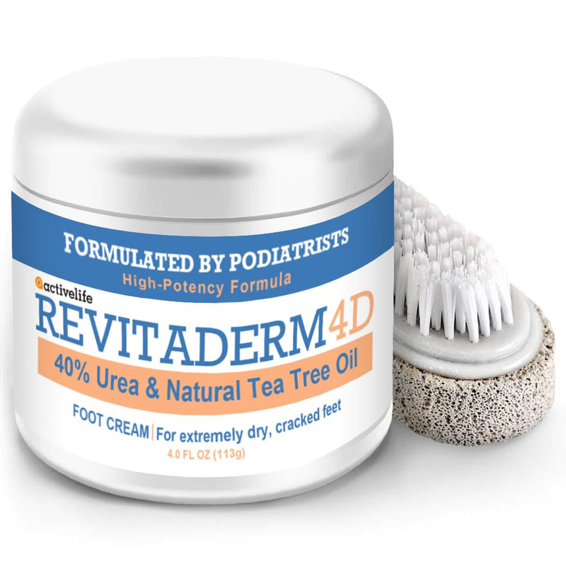 [Australia] - Revitaderm 4D Urea Cream 40% for Feet, Intensive Moisturizing Foot Cream for Dry, Rough, Callused Skin, Includes Free Pumice Stone and Exfoliating Brush, Fast-Absorbing, Fragrance-Free, 4oz, 1 Pack 4 Ounce (Pack of 1) 