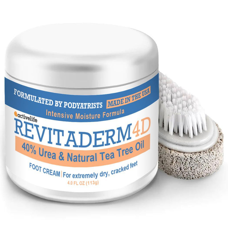 Revitaderm 4D 40% Urea Advanced Foot Cream for Cracked Heels & Dry Skin, Intensive Repair for Rough, Callused Feet, Fast Absorbing, Fragrance Free, Made in USA, 4 oz with Pumice & Brush, 1 Pack 4 Ounce (Pack of 1)