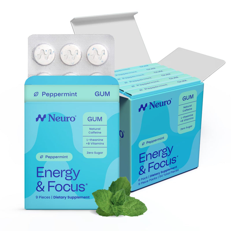 Neuro Energy & Focus Gum, Peppermint, 54 Count | 40mg Natural Caffeine Gum, 60mg L-Theanine, Vitamin B6 + B12, Sugar Free, Vegan, Clean Nootropic Energy & Focus Supplement 9 Count (Pack of 6)