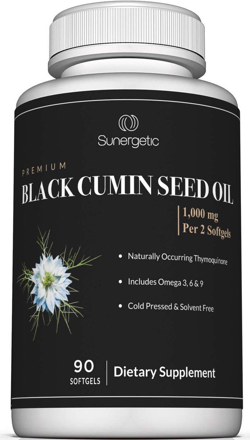 [Australia] - Sunergetic Premium Black Cumin Seed Oil Softgels – 1,000mg of Black Seed Oil Per Serving – Non GMO Cold Pressed Nigella Sativa – Includes Thymoquinone & Omega’s - 90 Softgels 