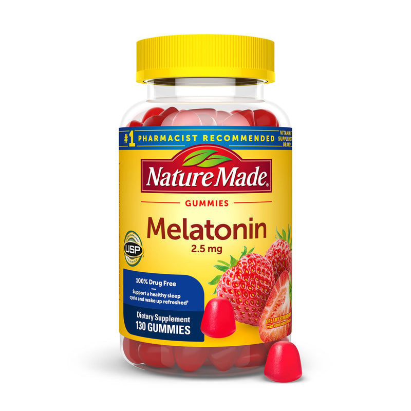 Nature Made Melatonin Gummies 2.5 mg, 100% Drug Free Sleep Aid, 130 Count | Lower Dose Melatonin Supplement for Men and Women, Sleep Aid for Adults, Strawberry Flavor, 130 Day Supply Dreamy Strawberry 130 Count (Pack of 1)