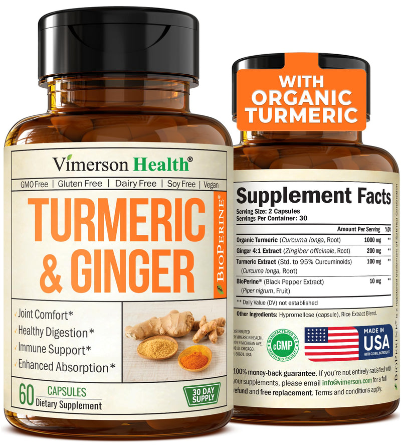 [Australia] - Tumeric and Ginger with Black Pepper - Natural Turmeric Curcumin Joint Support Supplement with Bioperine & 95% Curcuminoids. High Absorption Curcumin Supplements. Digestive & Immune Support. 60 Caps Turmeric Ginger Capsules 