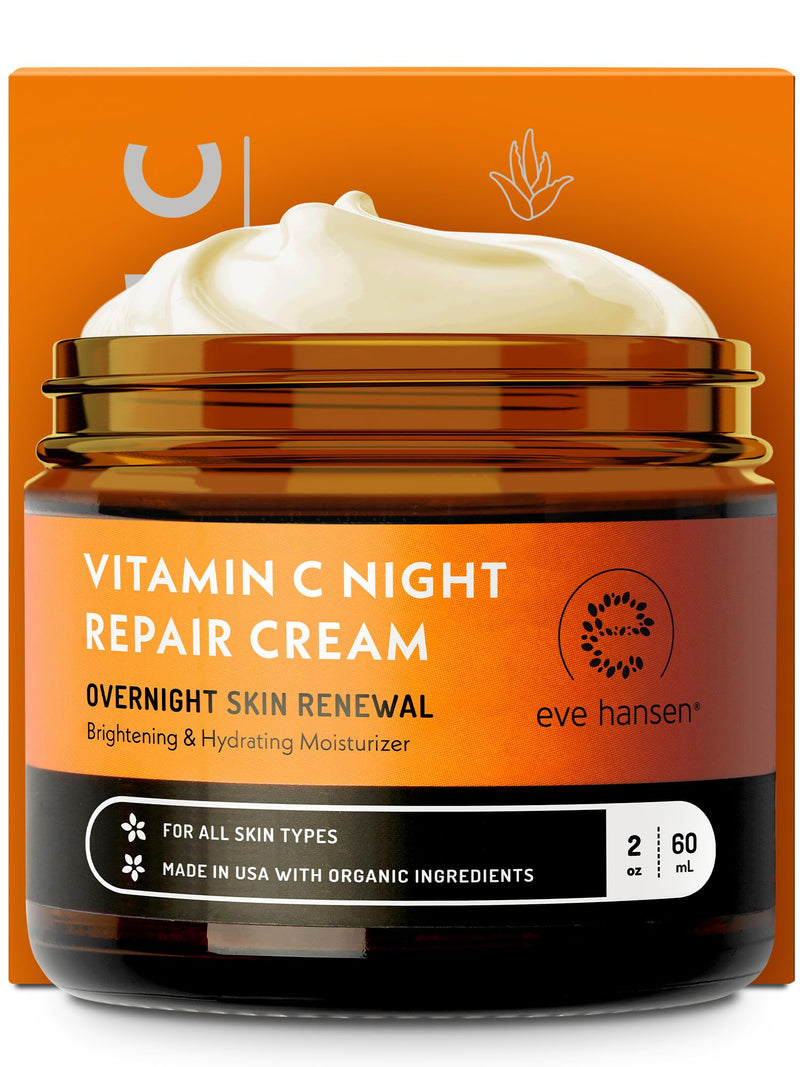 Eve Hansen Vitamin C Night Cream for Face & Neck, Brightening Night Repair Moisturizer for Mature, Dry Skin, Reduces the Look of Fine Lines & Wrinkles, Non-Greasy, Made in USA, 2 oz
