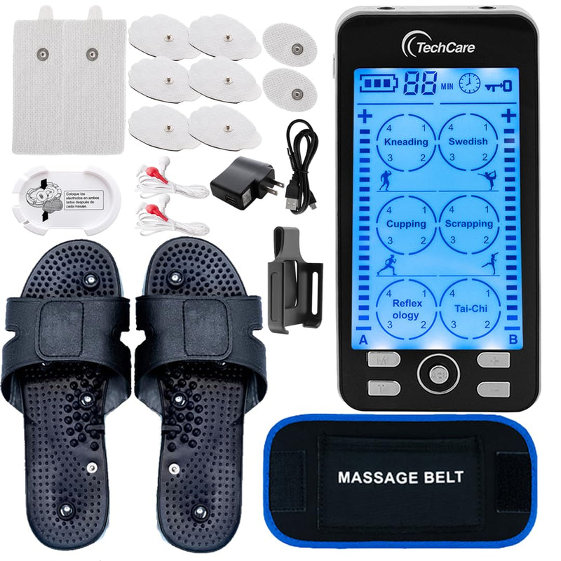 [Australia] - TechCare Plus 24-Mode TENS & EMS Dual-Channel Muscle Stimulator – Rechargeable Pain Relief Set with Massage Belt, Reflexology Shoes, Magnetic Therapy, Timer 
