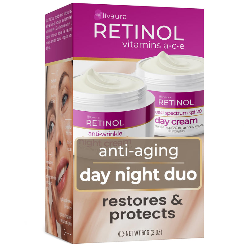 Retinol LIVAURA Day & Night Cream for Women - Anti Aging Wrinkle Cream Set | Anti aging night moisturizer for face and SPF 20 day moisturizer - smooths deep wrinkles on mature, dry skin