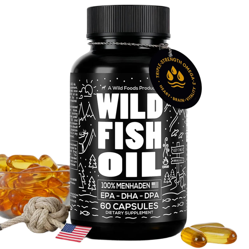 Wild Foods Fish Oil Omega 3 Supplements, 1600mg EPA DHA DPA, 60 Capsules | Burpless, Odorless, Non-GMO, Gluten Free, Supports Brain, Heart & Joint Health, 30 Servings, 1 Pack, Worldwide Sourced 60 Count (Pack of 1)