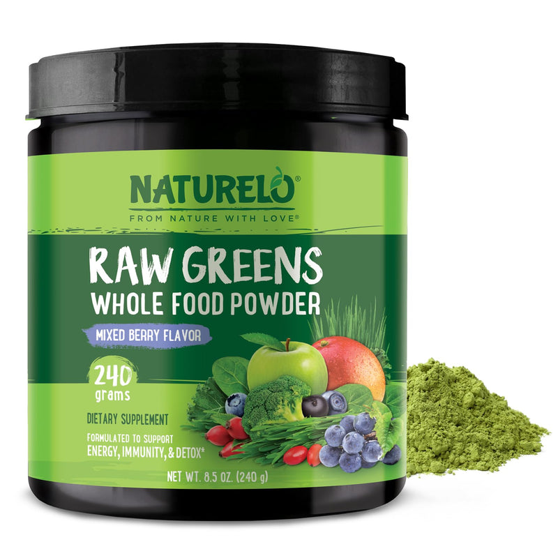 [Australia] - NATURELO Raw Greens Superfood Powder - Mixed Berry - Boost Energy, Detox, Enhance Health - Organic Spirulina - Wheat Grass - Whole Food Nutrition from Fruits & Vegetables - 240 Grams 8.5 Ounce (Pack of 1) 