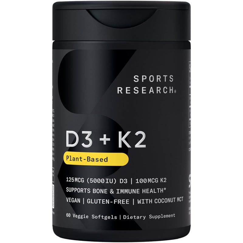 Sports Research® Vegan Vitamin D3 + K2 w/Coconut Oil, 60 Count Plantgels™ | Plant-Based Vitamin D 5000iu/125mcg & Soy-Free Vitamin K 100mcg for Bone & Immune Support - Vegan Certified · Non-GMO 60 Count (Pack of 1)