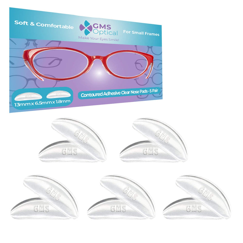 [Australia] - GMS Optical® 1.8 Reg Thick / 13mm Short Length - Kids Small Adhesive Anti-Slip Contoured Silicone Eyeglass Nose Pads - Perfect for Kids Glasses and Smaller Frames (13mm x 6.5mm x 1.8mm)(5 Pair)(Clear) 