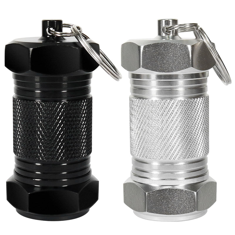 Shintop 2PCS High Capacity Aluminum Container Keychain Waterproof Pill Container | Waterproof Design, Hangs from a Keyring, Stores Pills and Vitamins for Travel and Daily Carry Black and White