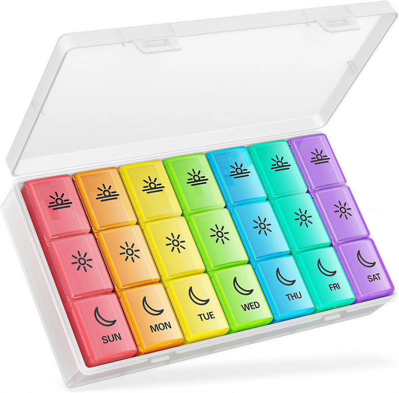 BUG HULL Pill Organizer 3 Times a Day, Weekly Pill Organizer 3 Times a Day, 7 Day Pill Box Cases Morning Noon Evening, Medicine Pill Organizer for Vitamin, Cod-Liver Oil, Supplements (Rainbow White) Rainbow White