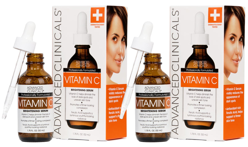 Advanced Clinicals Brightening Vitamin C Serum For Face With Glycolic Acid + Lactic Acid | Vitamin C Eye Serum Face Moisturizer For Improving Look Of Dark Spots & Uneven Complexion, 2-Pack 1.75 Fl Oz (Pack of 2) Vitamin C Brightening Serum