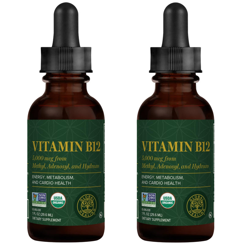 Global Healing Center - Vitamin B12 5000 mcg, Organic Sublingual Liquid Drops | 3-in-1 Methylcobalamin, Adenosylcobalamin, Hydroxo Blend, 1 Fl Oz (2-Pack) 1 Fl Oz (Pack of 1)