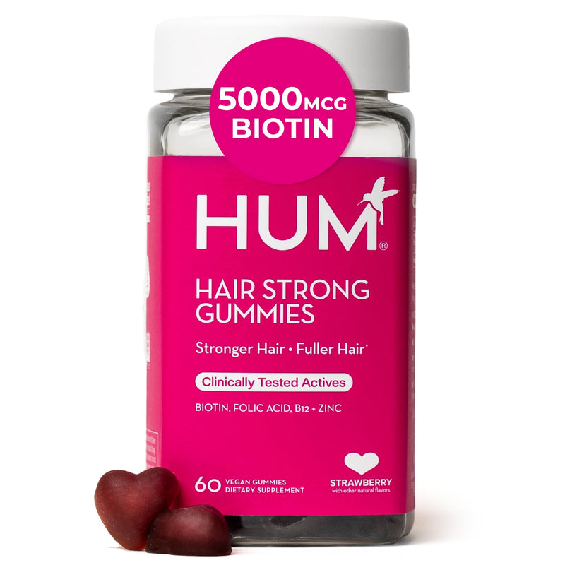 HUM Hair Strong Strawberry Gummies, Hair Growth Support, 60 Count | Folic Acid, Fo-Ti Root Extract, Biotin, Zinc & B12, Vegan Strawberry Gummies, Women & Men 30-Day Supply