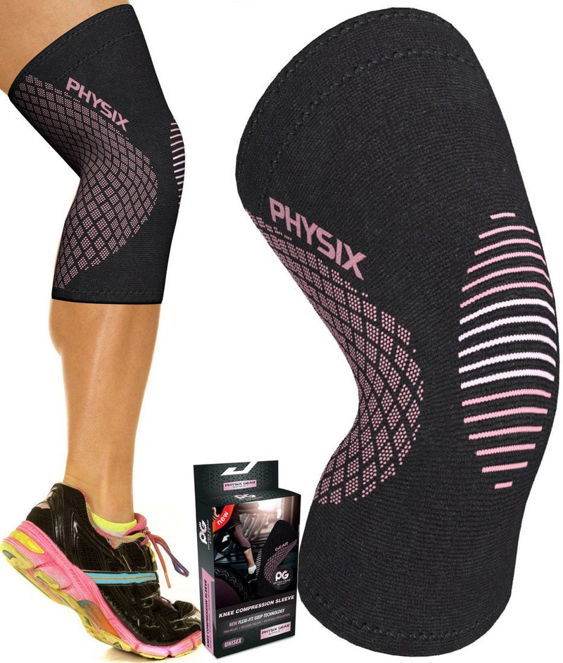 [Australia] - Physix Gear Sport Knee Support Brace - Best No-Slip Knee Braces for Knee Pain Women & Men, Compression Knee Sleeves for Running Workout Walking Hiking Sports Arthritis ACL Torn Meniscus Medium | 17"-19.5" Black/Pink (Single) 
