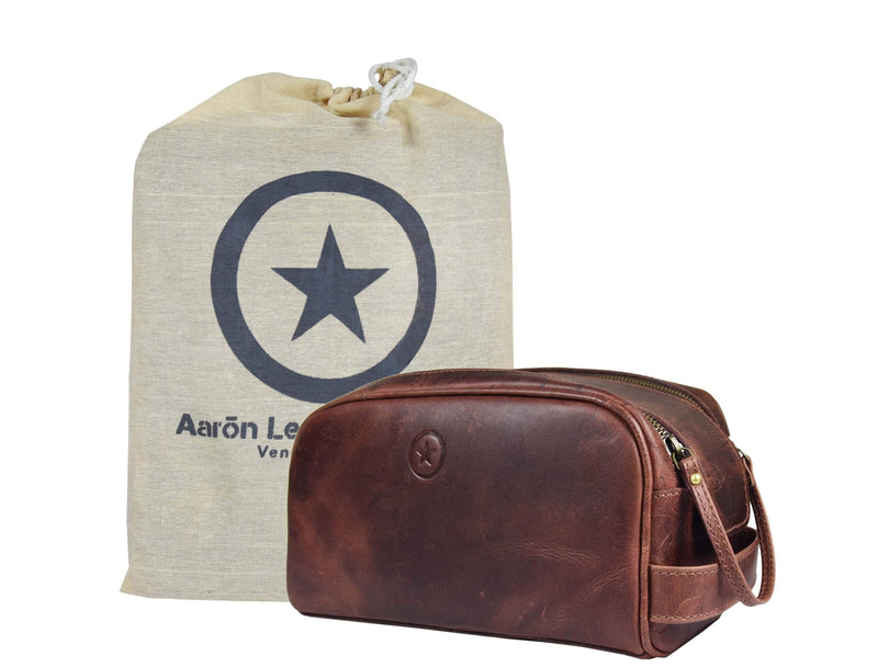 10" Premium Leather Toiletry Travel Pouch With Waterproof Lining | King-Size Handcrafted Vintage Dopp - Kit By Aaron Leather Goods (Dark Brown) Dark Brown
