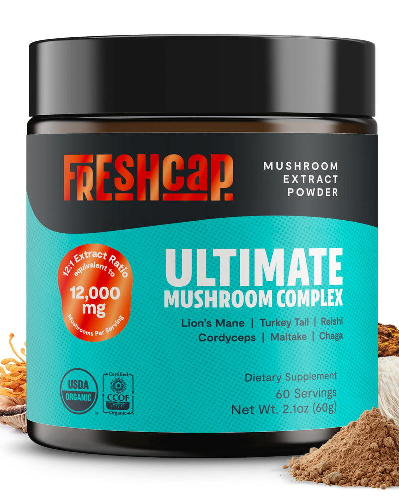 [Australia] - FreshCap Mushrooms Ultimate Mushroom Supplement Powder 12,000mg - Nootropic Organic Mushroom Complex for Focus & Memory, Brain Support Supplement, Ayurveda Mushroom Powder Extract (60 Servings) 