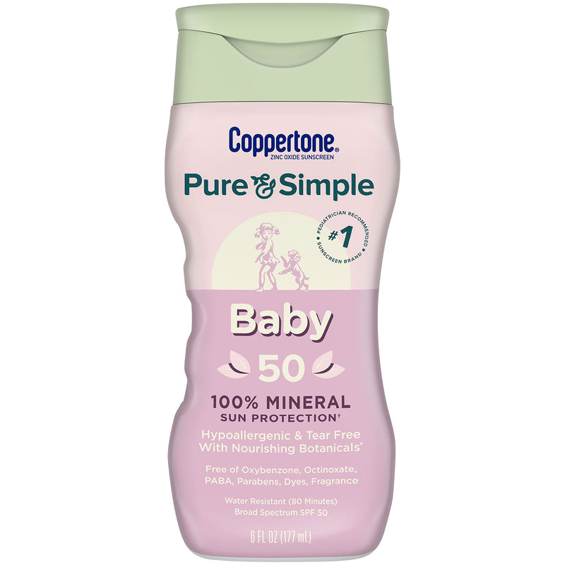 [Australia] - Coppertone Pure and Simple Baby Sunscreen SPF 50 Lotion, Zinc Oxide Mineral Sunscreen for Babies, Tear Free, Water Resistant, Broad Spectrum SPF 50 Sunscreen, 6 Fl Oz Bottle 