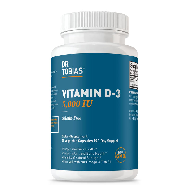Dr. Tobias Vitamin D3 5000 IU 90 Capsules | Extra Strength Vitamin D | Bone, Teeth & Immune Support | 5,000 IU Vitamin D3 | Gelatin-Free & Non-GMO | 90 Servings 90 Count (Pack of 1)