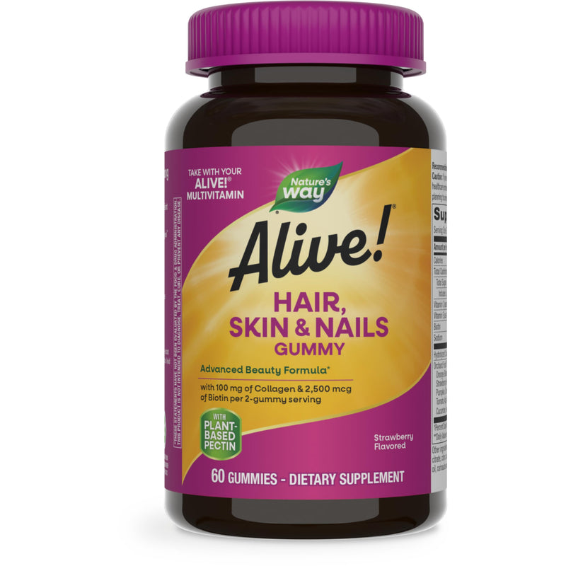 [Australia] - Nature's Way Alive! Hair, Skin & Nails Gummies, Advanced Beauty Formula*, with Biotin and Collagen, Strawberry Flavored, 60 Gummies (Packaging May Vary) 