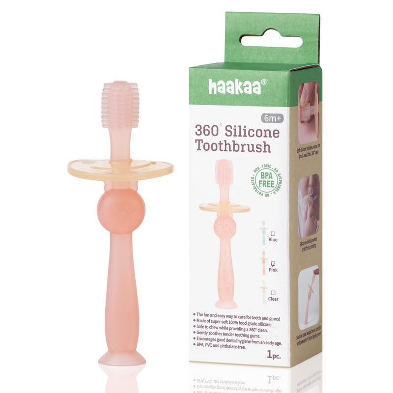 [Australia] - Haakaa 360° Silicone Baby Toothbrush – 100% Soft Food Grade Silicone, BPA-Free, Suction Base, Safe for Babies 6 Months+, Gentle Gum and Teeth Cleaning for Infants, Gum Massager (Pink) Pink 1 Count (Pack of 1) 