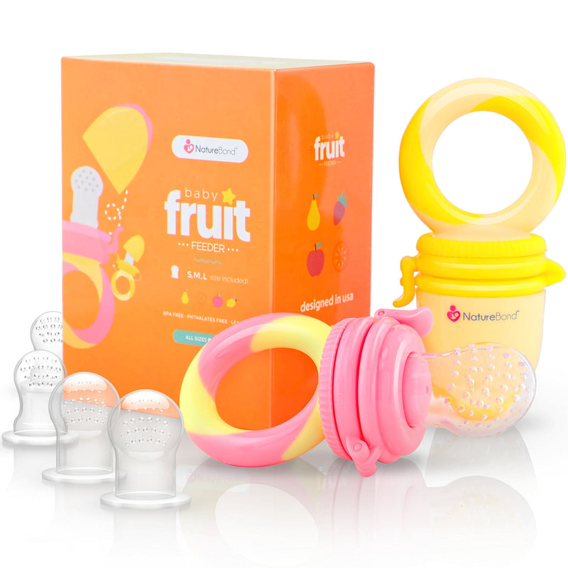 [Australia] - NatureBond Baby Food Feeder/Fruit Feeder Pacifier Nibbler (2 Pack) - Infant Teething Toy Teether Weaning in Appetizing Colors | + Additional Silicone Sacs Peach Pink and Lemonade Yellow 