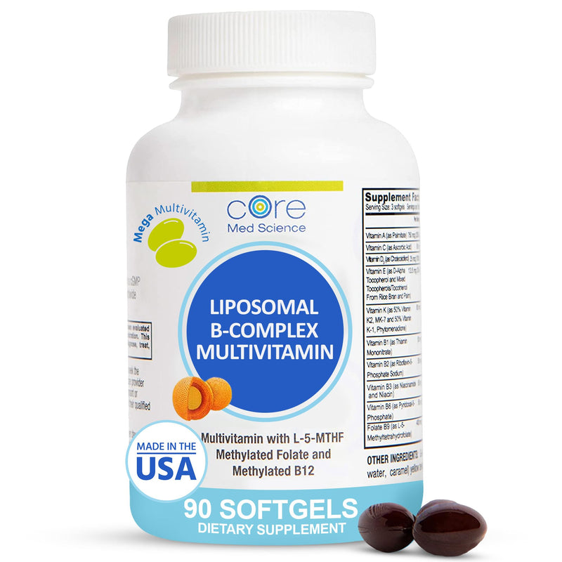 Core Med Science Liposomal Methylated Multivitamin B-Complex, 90 Softgels | Non-GMO Active Super B Complex Vitamin Supplement for Heart Health - VIT Methyl B Complex Immune Support Supplement 90 Count (Pack of 1)