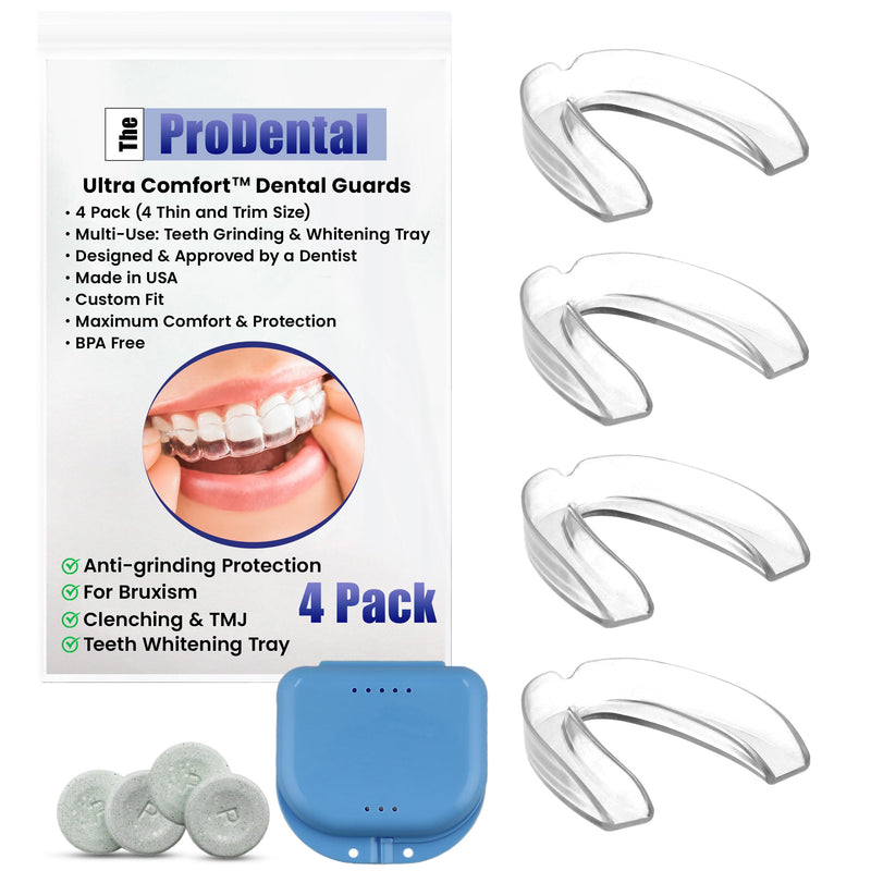[Australia] - Mouth Guard for Grinding Teeth - 4 Pack, Thin and Trim Anti Grinding - Teeth Whitening Dental Guard, Stops Bruxism & Clenching Teeth at Night, USA Made - No BPA, Includes Night Mouth Guard Case 