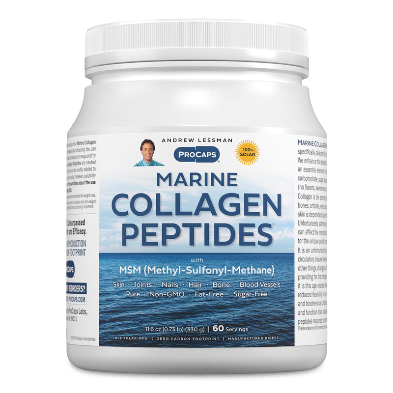 Andrew Lessman ProCaps Marine Collagen with MSM Powder 60 Servings | Marine Collagen with MSM supports healthy skin, joints, bones, hair and nails in a pure, unflavored, super-soluble powder.