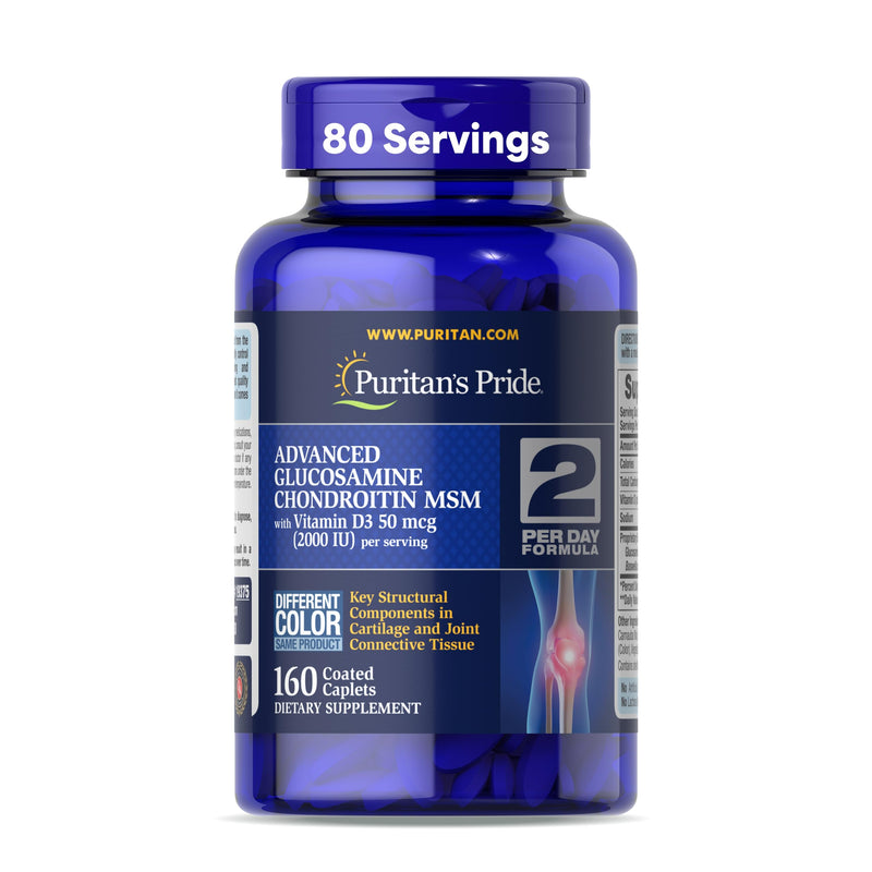 [Australia] - Puritan's Pride Advanced Glucosamine Chondroitin MSM with Vitamin D3 50mcg (2000 IU), Dietary Supplement for Joint Health, 80 Servings, 160 Coated Tablets Unflavored 160 Count (Pack of 1) 