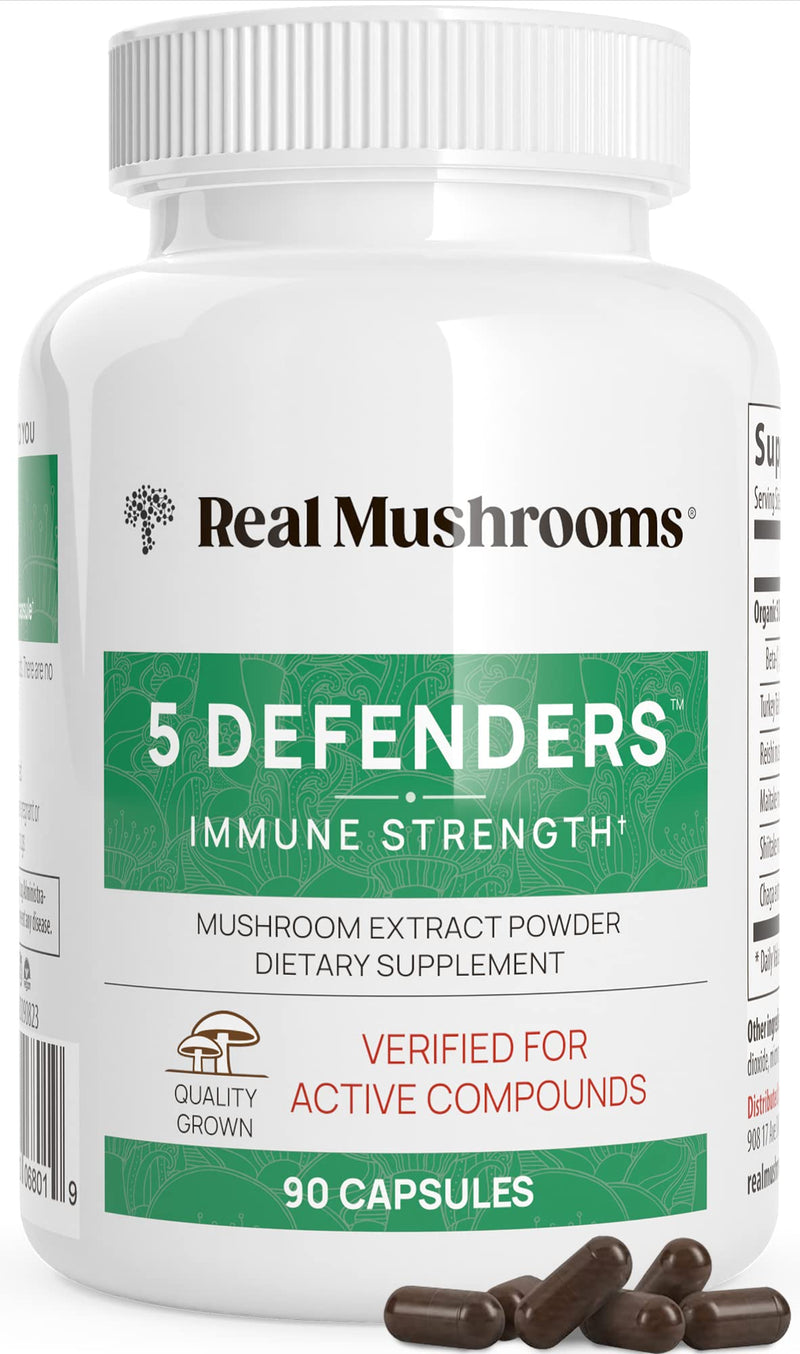 [Australia] - Real Mushrooms 5 Defenders - Adaptogenic Mushrooms Complex with Chaga, Reishi, Turkey Tail, Maitake & Shiitake for Wellness Support - Mushroom Beta Glucan Capsules - 90 Count 