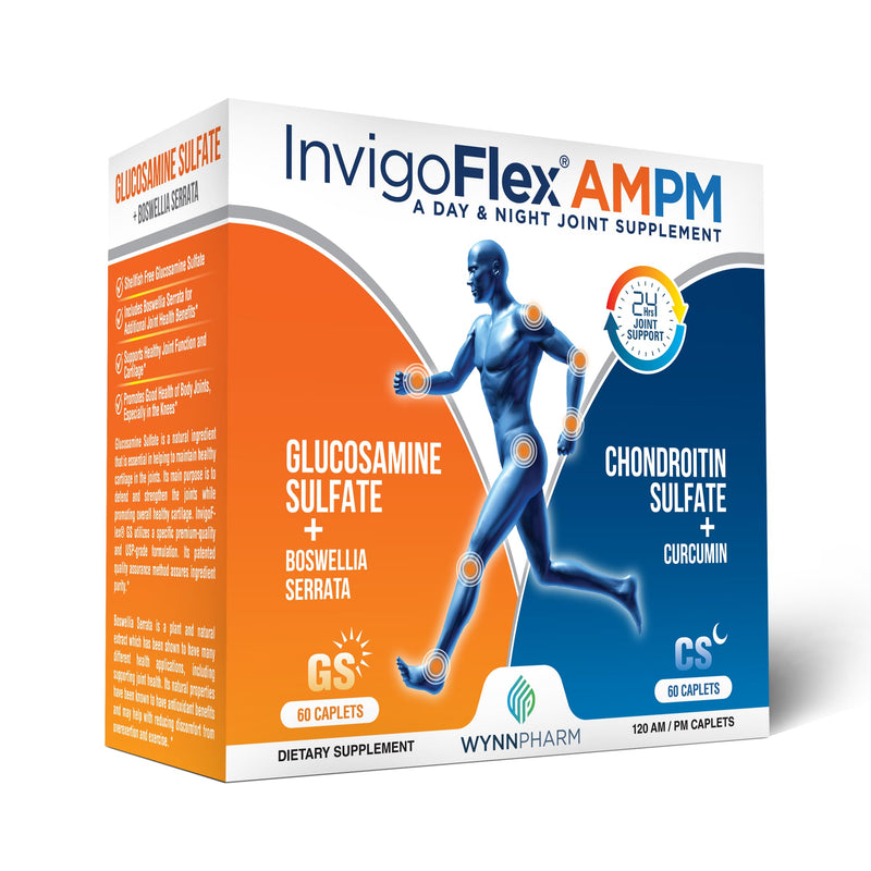 INVIGOFLEX® AMPM - Glucosamine & Chondroitin Sulfate - Turmeric Curcumin - Boswellia Serrata (Non GMO) for Knees, Hands, Back and Hip 24 - Hour Premium Joint Supplement 120 Count (Pack of 1)