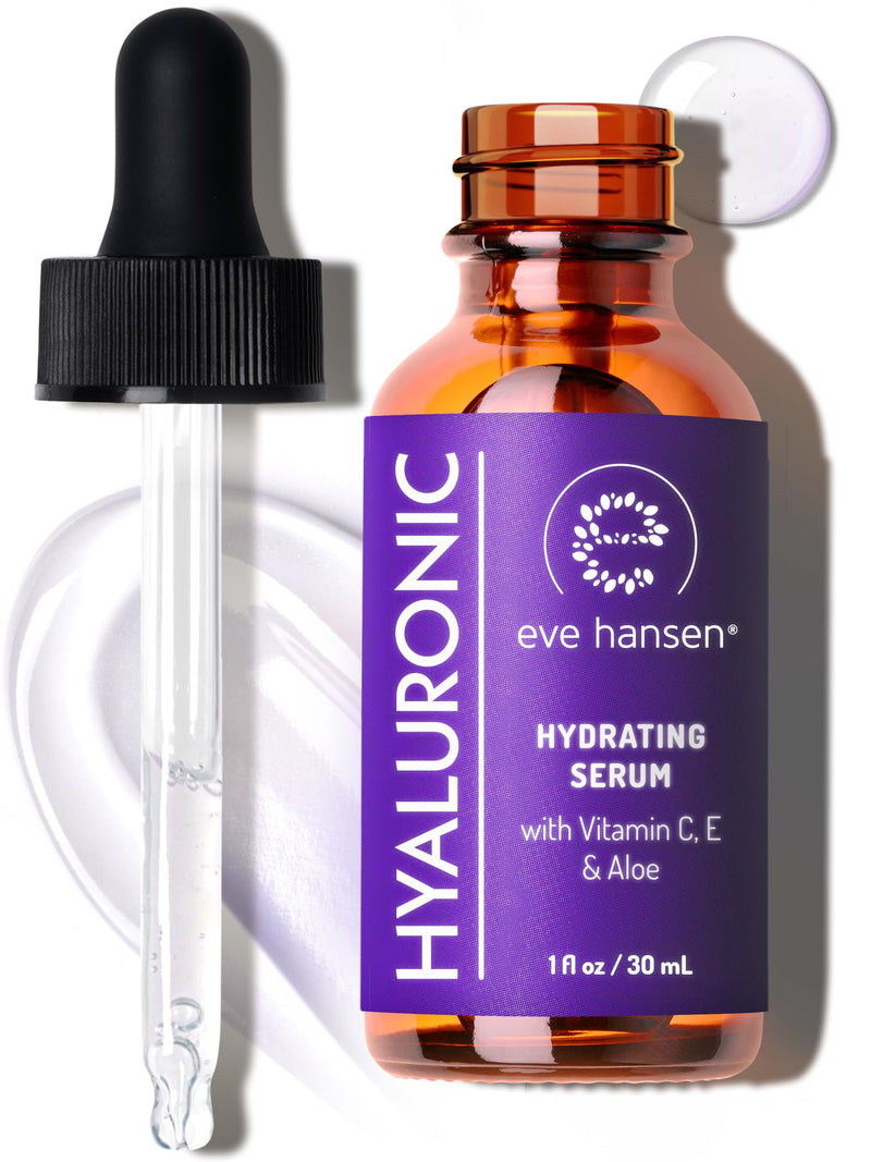 Eve Hansen Hydrating Hyaluronic Acid Serum for Face with Vitamin C, Vitamin E, Green Tea | 72% Organic Firming Facial Moisturizer, Anti-Wrinkle, Skin Plumper (1 oz) 1 Fl Oz (Pack of 1)