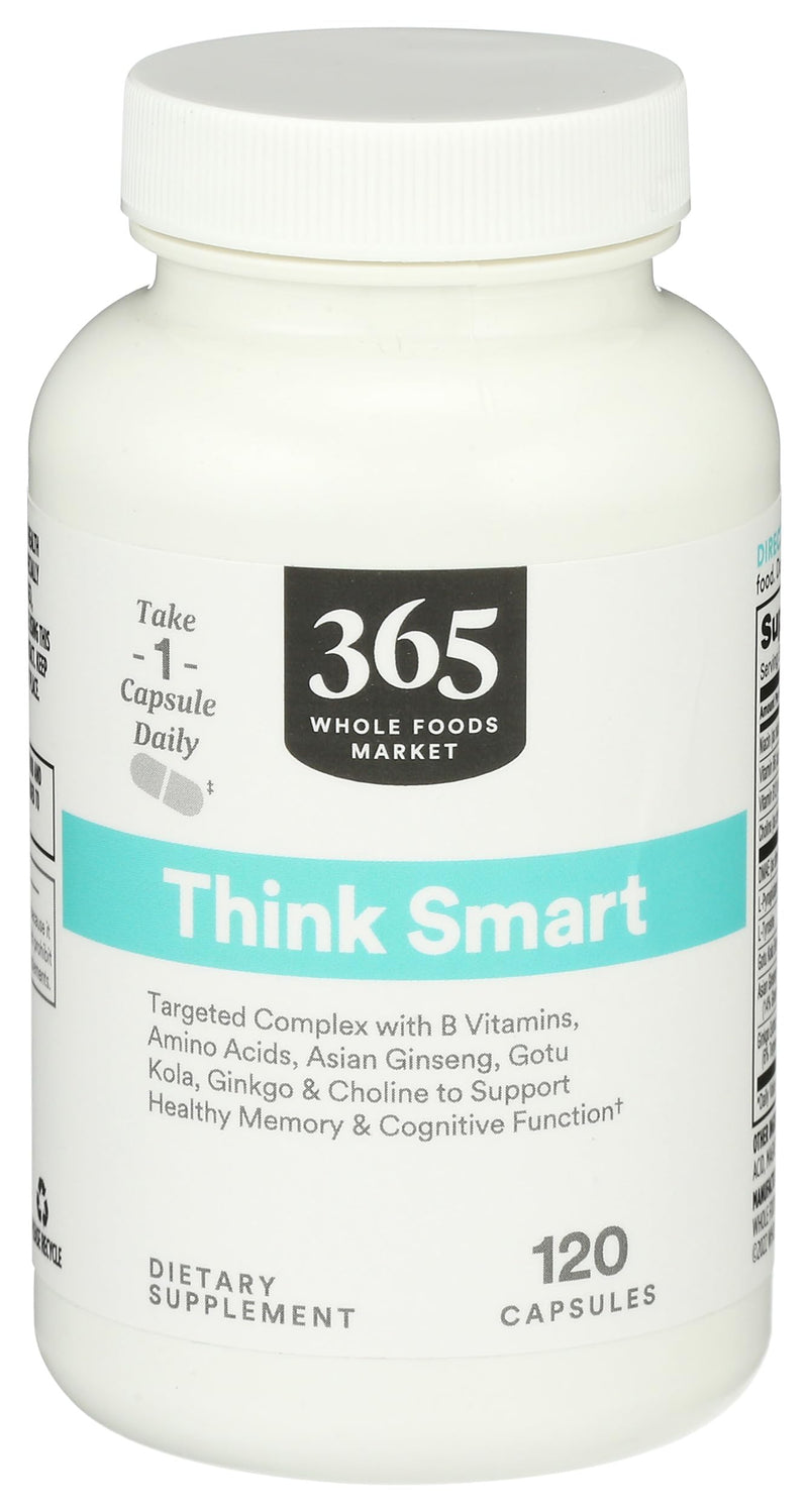 365 by Whole Foods Market, Think Smart with B Vitamins, Amino Acids, Ginkgo, Asian Ginseng, Gotu Kola, & Choline, 120 Capsules 120 Count (Pack of 1)