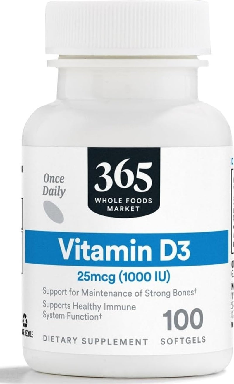 365 by Whole Foods Market, Vitamin D3 Softgels, 1000 IU, 100 CT Unflavored 100 Count (Pack of 1)