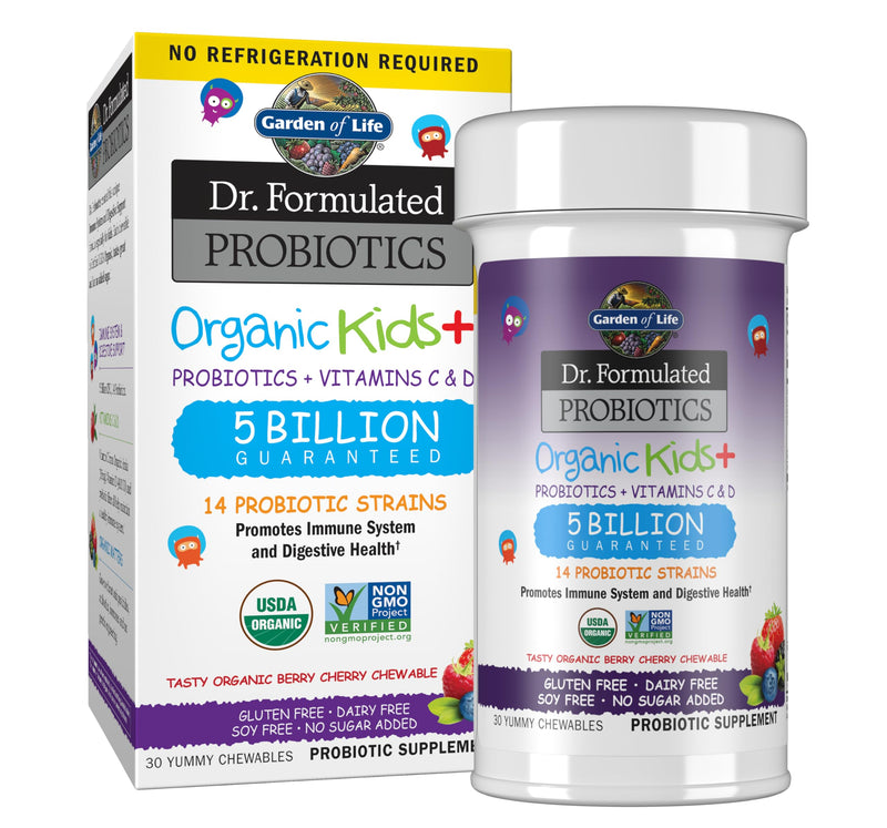 Garden of Life Dr. Formulated Probiotics Organic Kids+ plus Vitamin C & D - Berry Cherry - Gluten, Dairy & Soy Free Immune & Digestive Health Supplement, No Added Sugar, 30 Chewables (Shelf Stable) 30ct Shelf Stable (Pack of 1)