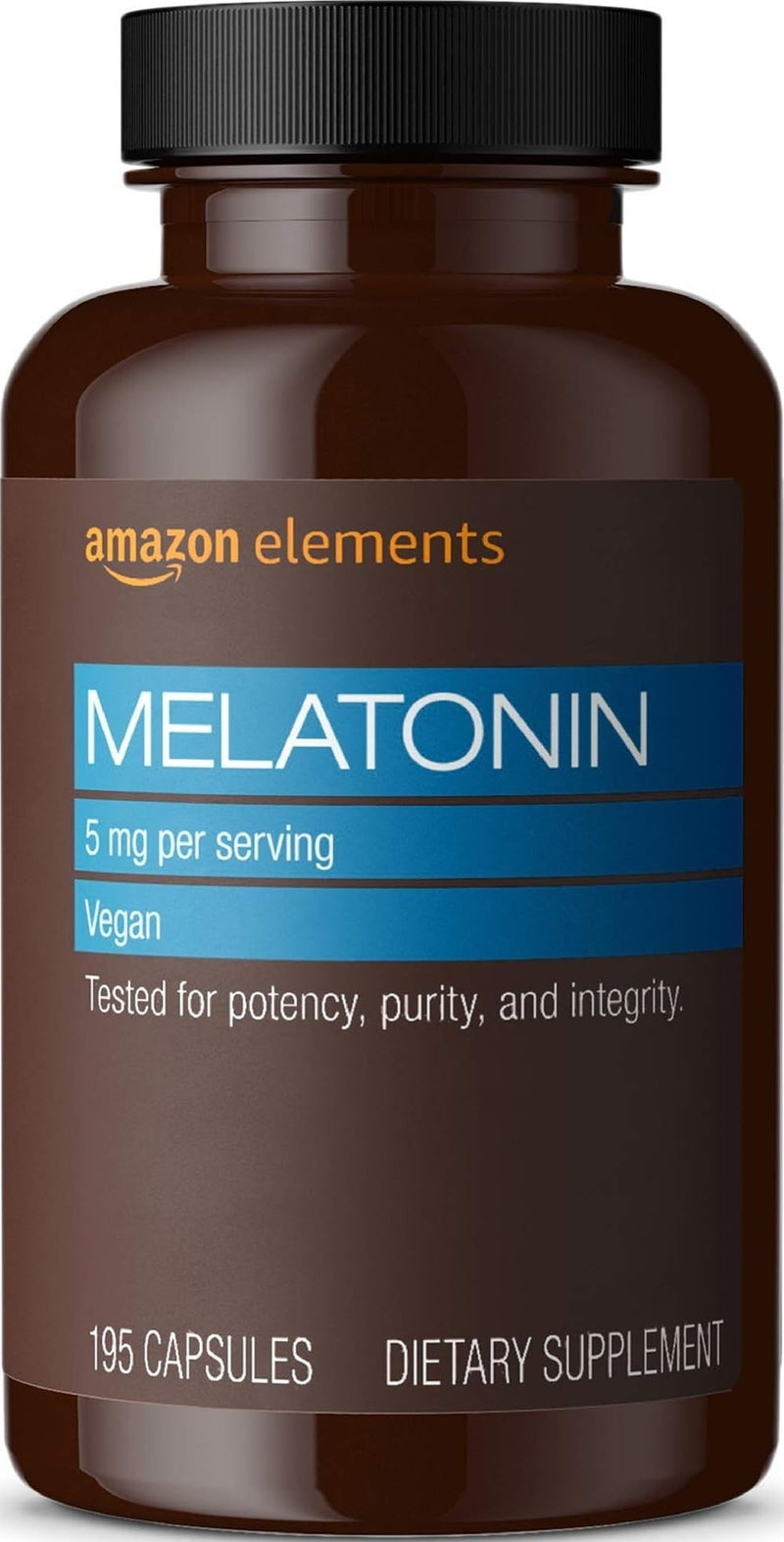 Amazon Elements - Melatonin 5mg Capsules, Helps with occasional sleeplessness, Vegan, Unflavored, 195 Count (Pack of 1), 6 month supply (Packaging may vary) 195 Count (Pack of 1)