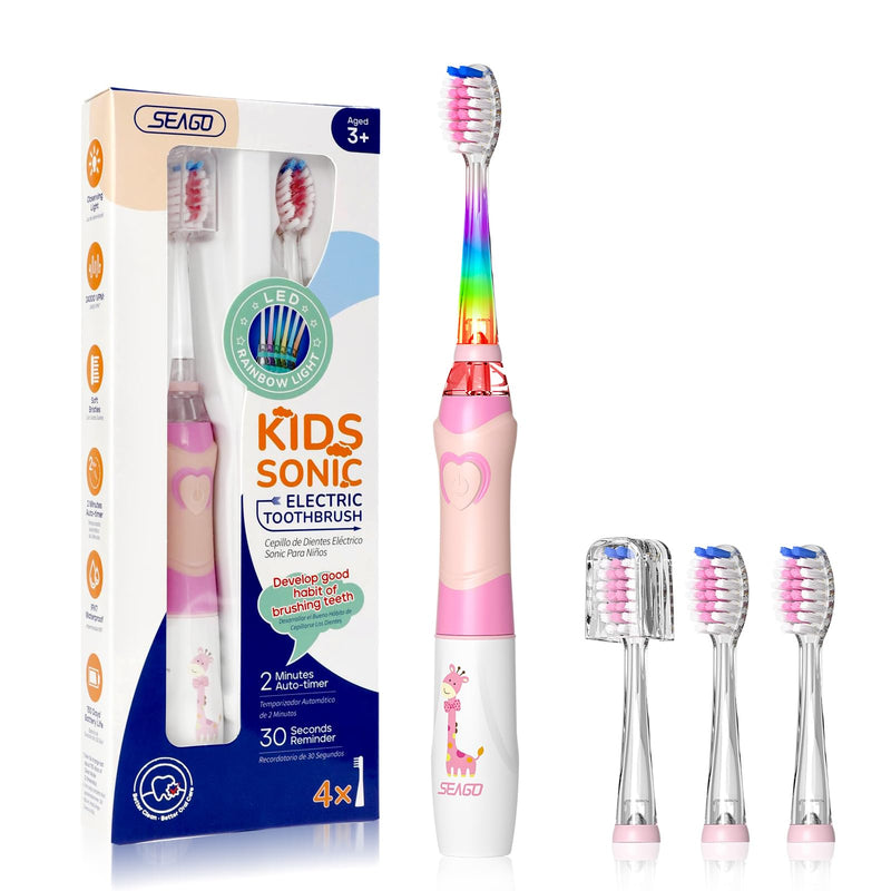 [Australia] - SEAGO Kids Electric Toothbrush with 2 Mins Brushing Timer and 4 Replacement Bursh Heads,Rainbow LED Light make Brushing Fun, Pink Color Girls Battery Powerd Toothbrush for 4-12 Years Old 