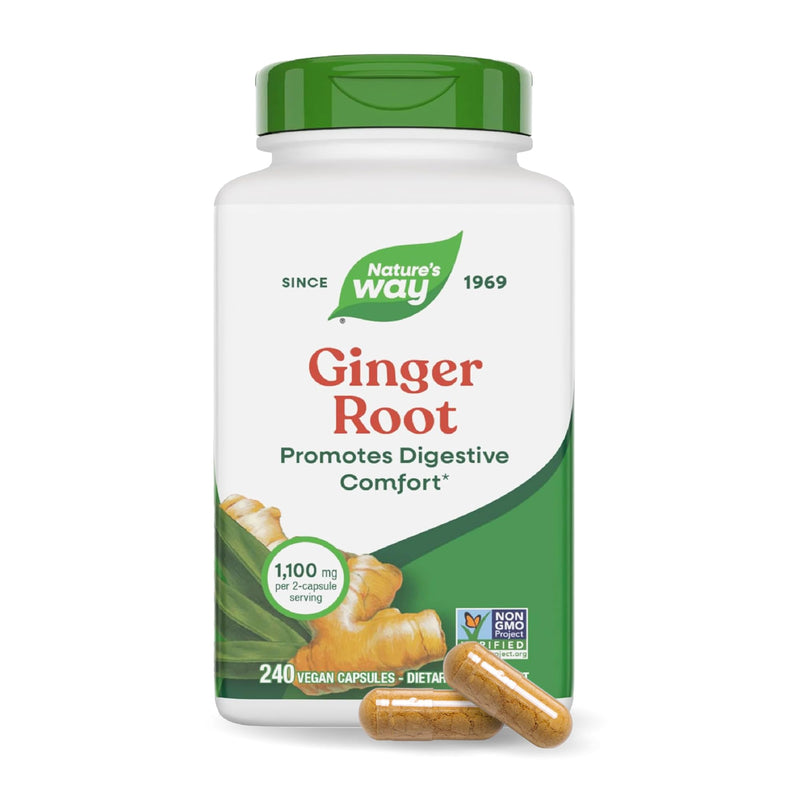 Nature's Way Ginger Root Capsules,1,100 mg per Serving, Vegan, 240 ct | Non-GMO Project Verified Ginger Supplement for Digestive Comfort and Motion-related Nausea Support*, 240 Capsules 240 Count (Pack of 1)
