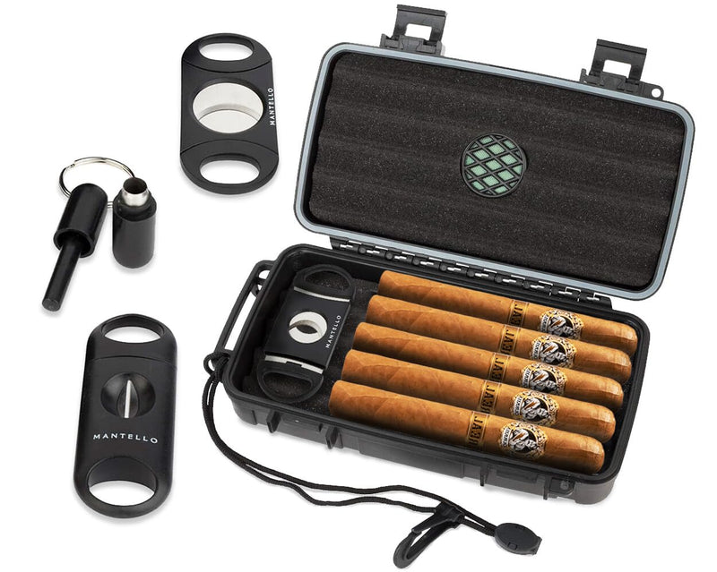 [Australia] - Mantello Cigars Travel Cigar Humidor Case - Cigar Case with 2 Ring, V-Cut & Punch Cutters - Waterproof & Airtight - Holds 5 Cigars- 5-Piece Cigar Accessories Cigar Gifts for Men 5 Piece Set 