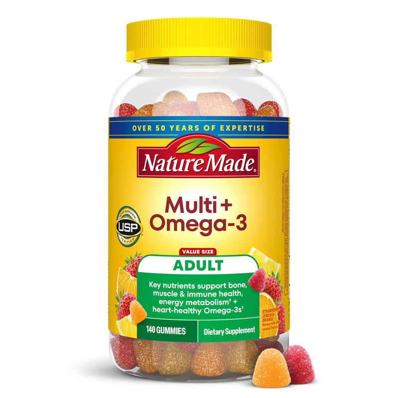 Nature Made Multivitamin + Omega-3, Multivitamin Gummies for Adults, 140 Ct | Adult Gummy Vitamins & Minerals, Multivitamin Gummies for Women and Men, Daily Nutritional Support, 70 Day Supply Strawberry, Lemon & Orange 140 Count (Pack of 1)