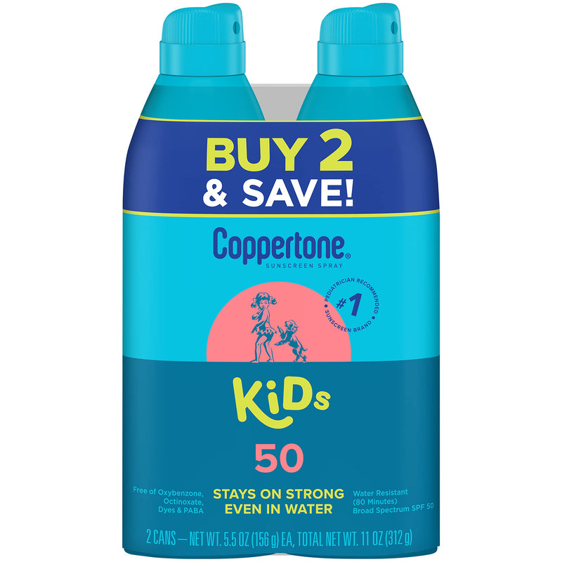 [Australia] - Coppertone Sunscreen Spray SPF 50, Broad Spectrum, Water Resistant for Kids, #1 Pediatrician Recommended Brand, 5.5 Ounce (Pack of 2) 