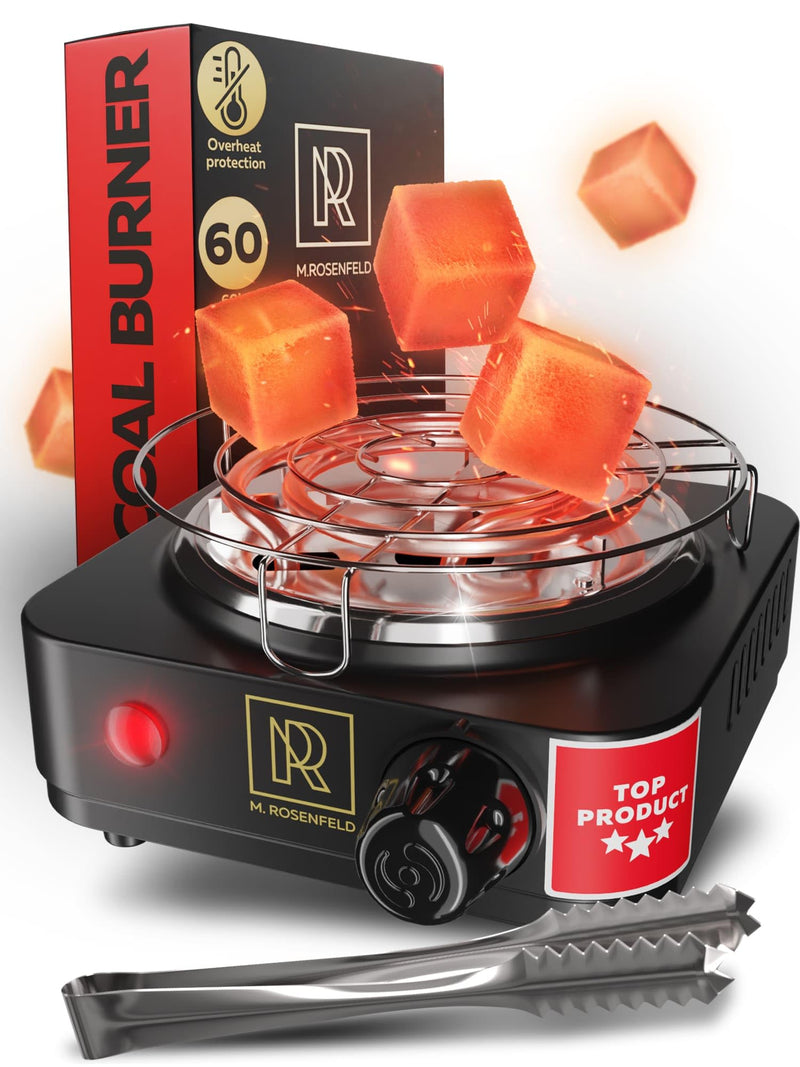 [Australia] - M. ROSENFELD Hookah Coal Burner 500W with grid - Coal Burner for Hookah Cubes BLACK HEAT Hookah Charcoal Burner Electric for Shisha with grill & FREE Hookah Tongs Hookah Stove - 304 Stainless Steel 